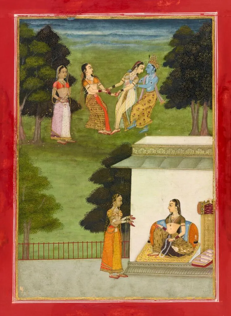 Krishna playing with the&nbsp;gopis, folio from a&nbsp;Rasikpriya. By Ruknuddin, dated 1686.