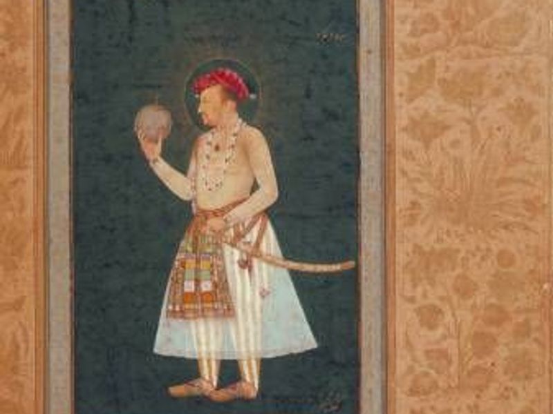 Jahangir holding a globe. The Minto Album. Painted by Bichitr, c. 1620, India