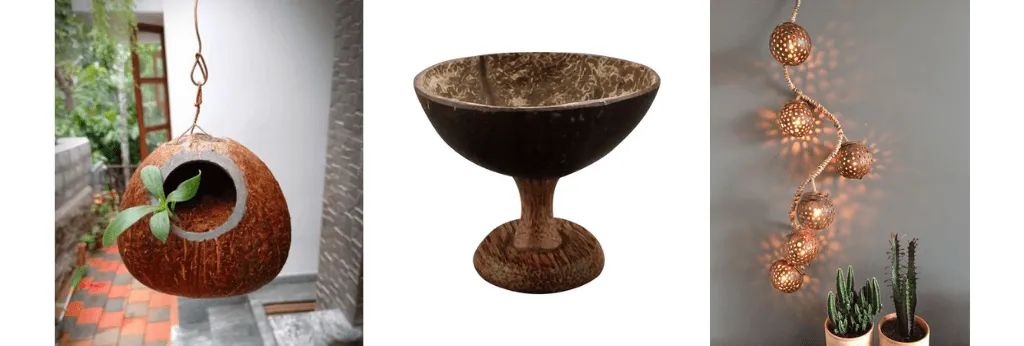 Coconut Shell Craft, a modern artform - a plant holder, a goblet and light decoration 