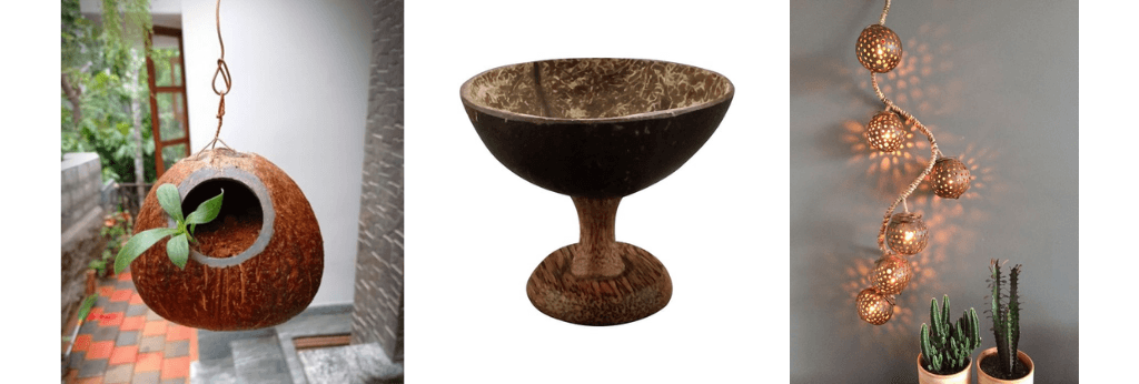 Coconut Shell Craft, a modern artform - a plant holder, a goblet and light decoration 