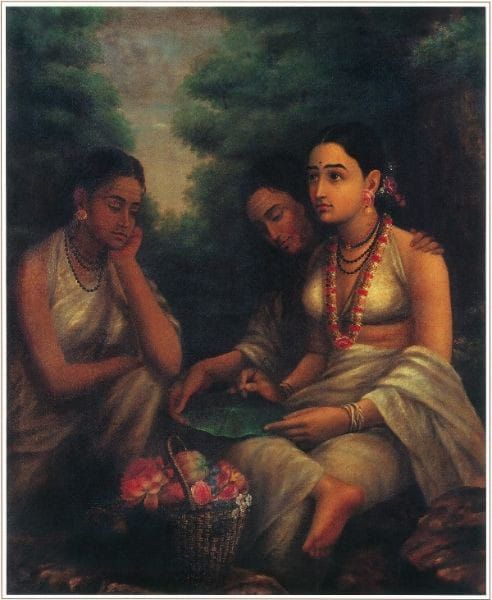 'Shakuntala composing a love letter to King Dushyanata' by Raja Ravi Varma, 1876