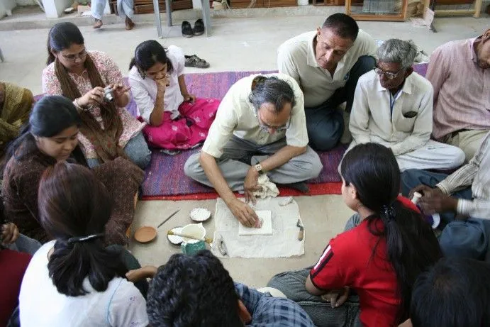 Dr. Bhawani Shankar Sharma taking a workshop on Fresco painting in Jaipur.