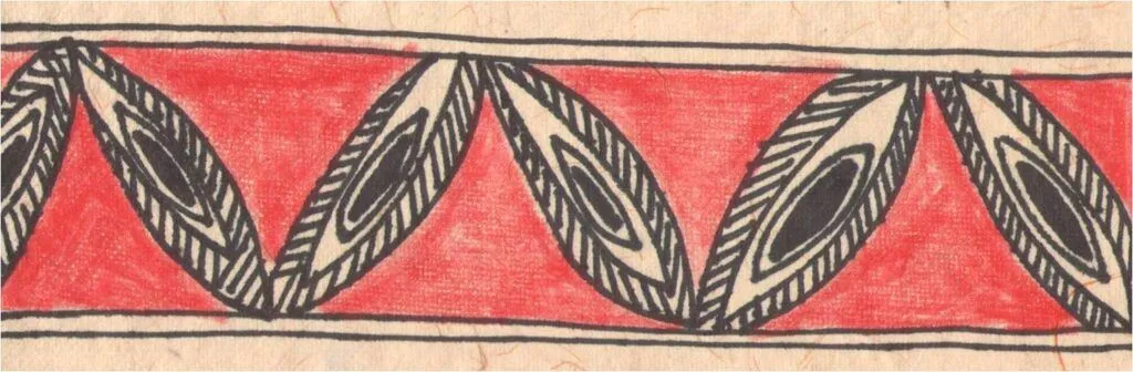 peacock feathers is used in to make the borders of a madhubani painting.