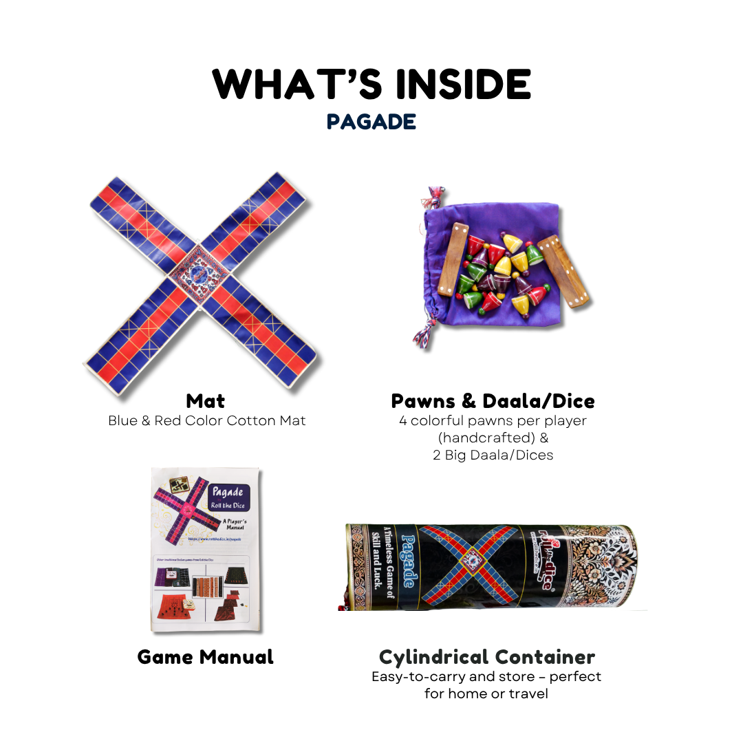Pagade Board Game – Traditional Indian Pachisi (Parcheesi) Set in Blue & Red | Handmade Wooden Pieces | Includes How-to-Play Guide