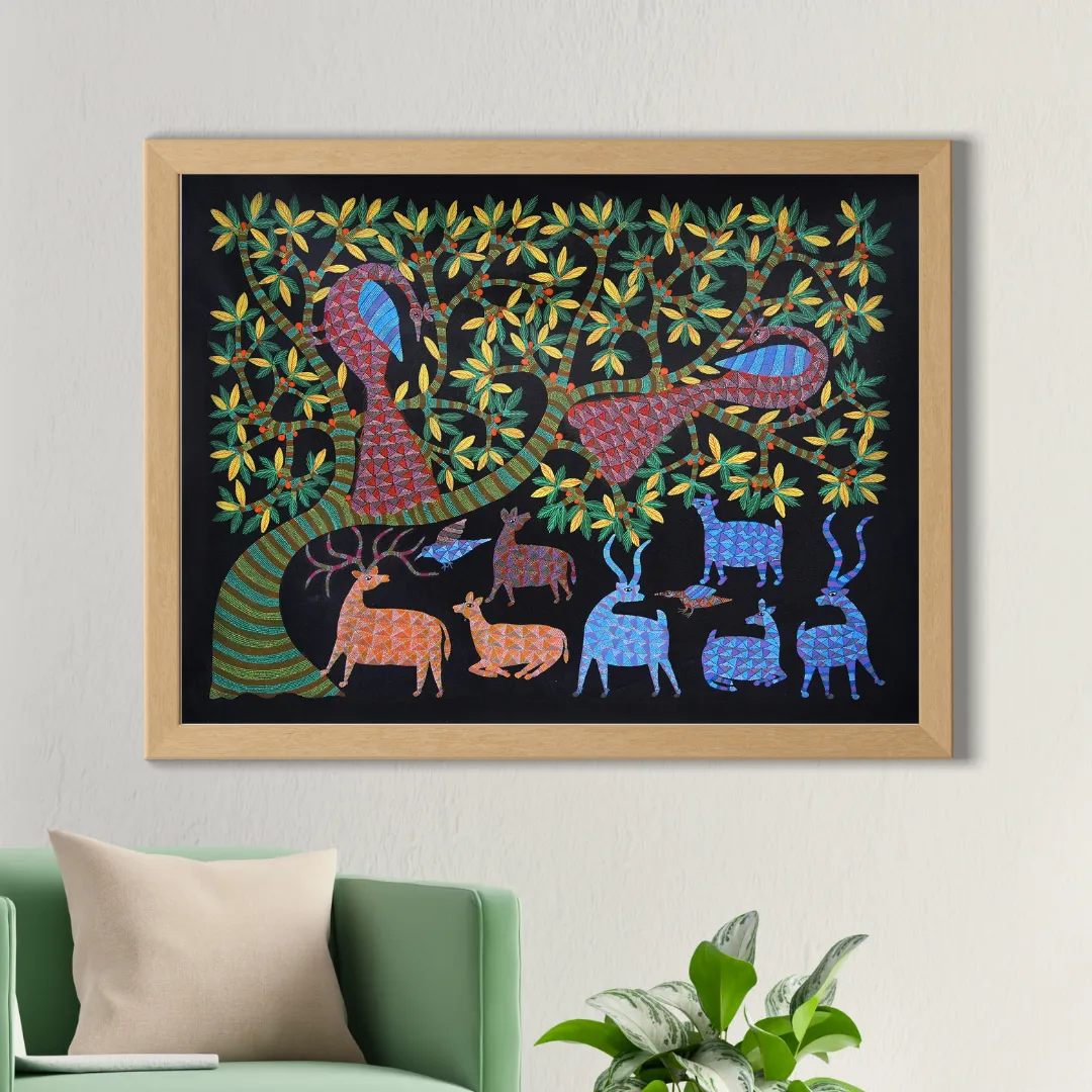 Peacocks and Deer Under the Night Sky 