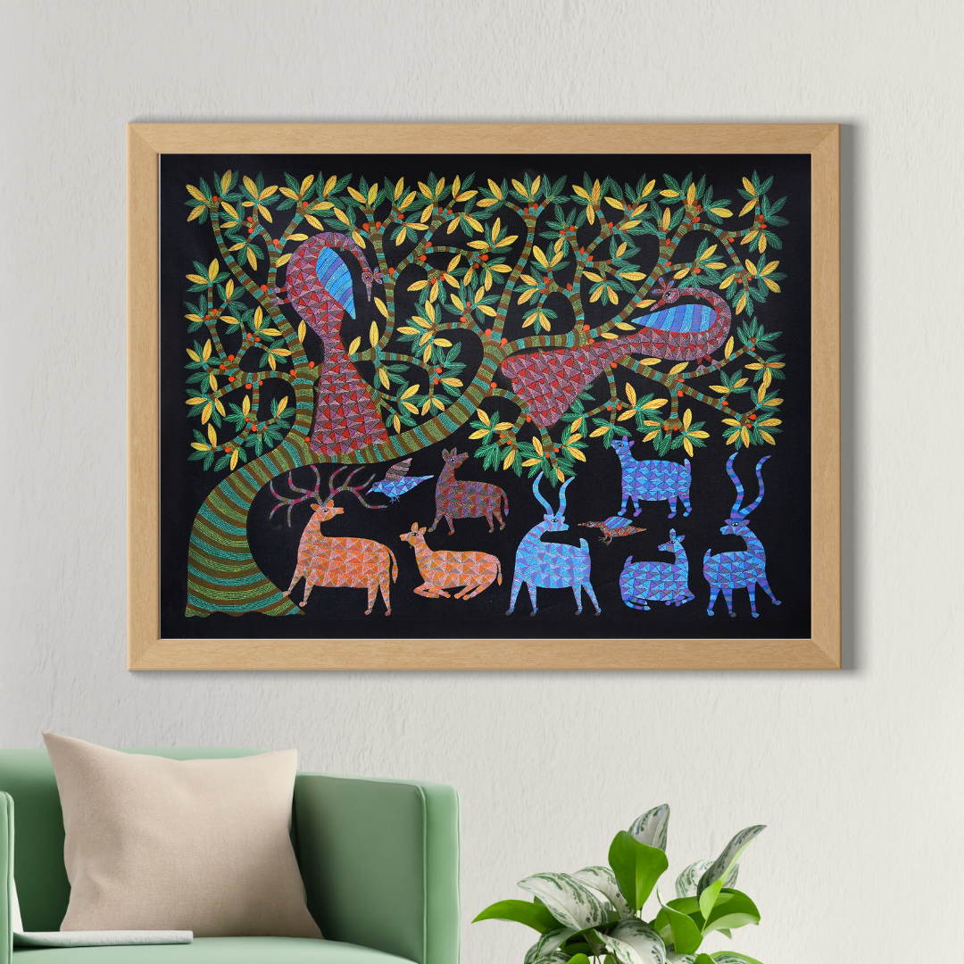 Peacocks and Deer Under the Night Sky 