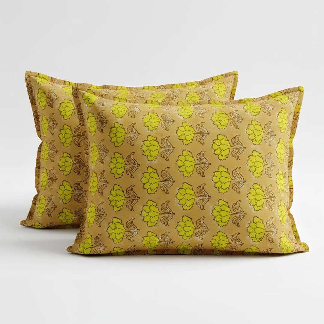 Single-Sided Block Printed Double Bedsheet in Yellow Floral Pattern