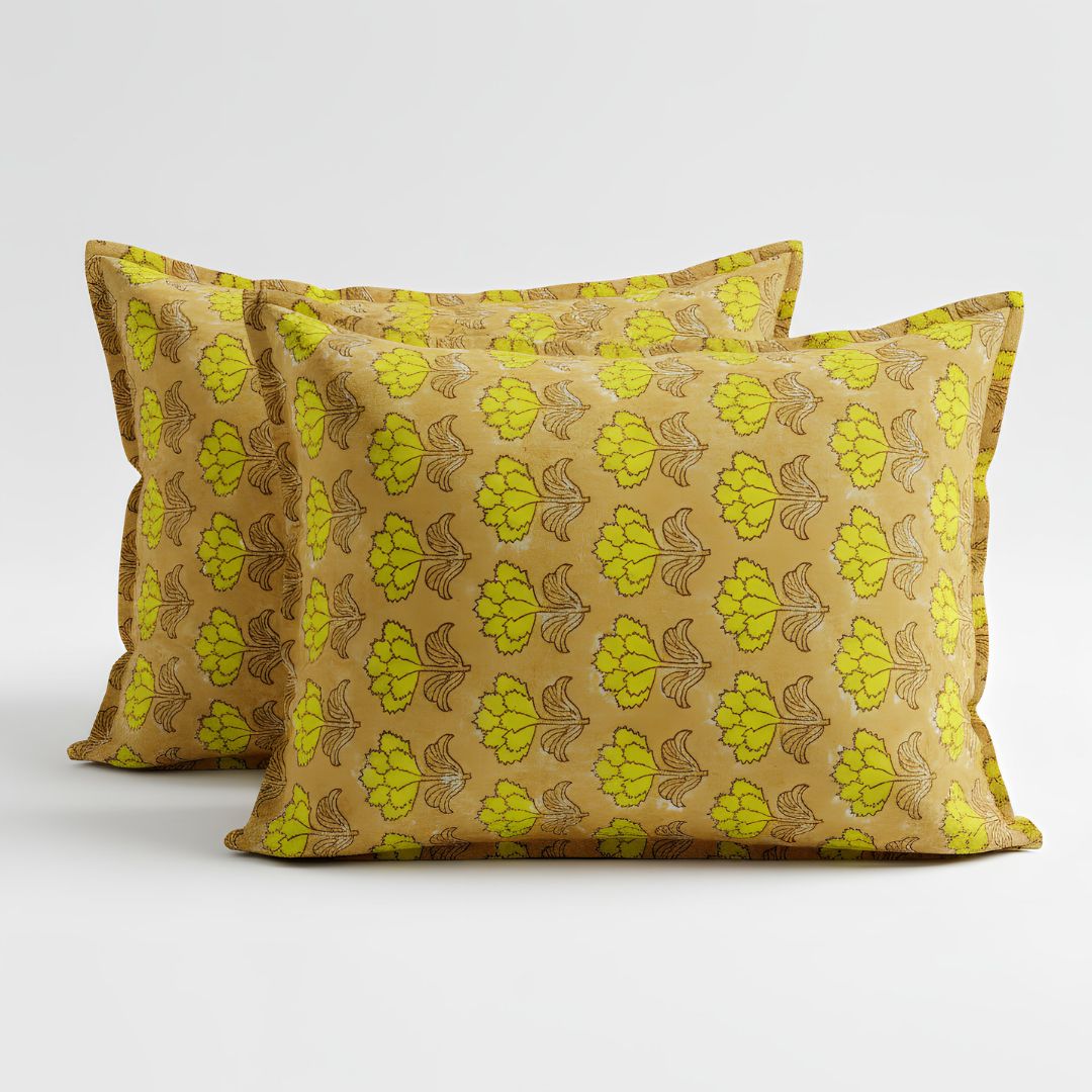 Single-Sided Block Printed Double Bedsheet in Yellow Floral Pattern