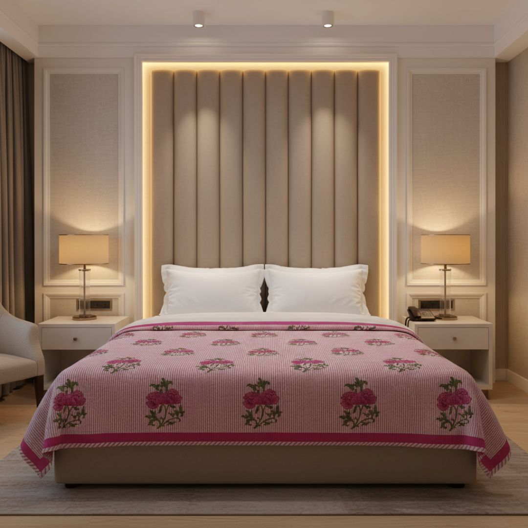 Single Double-Sided Block Printed Comforter in Soft Pink Floral Pattern