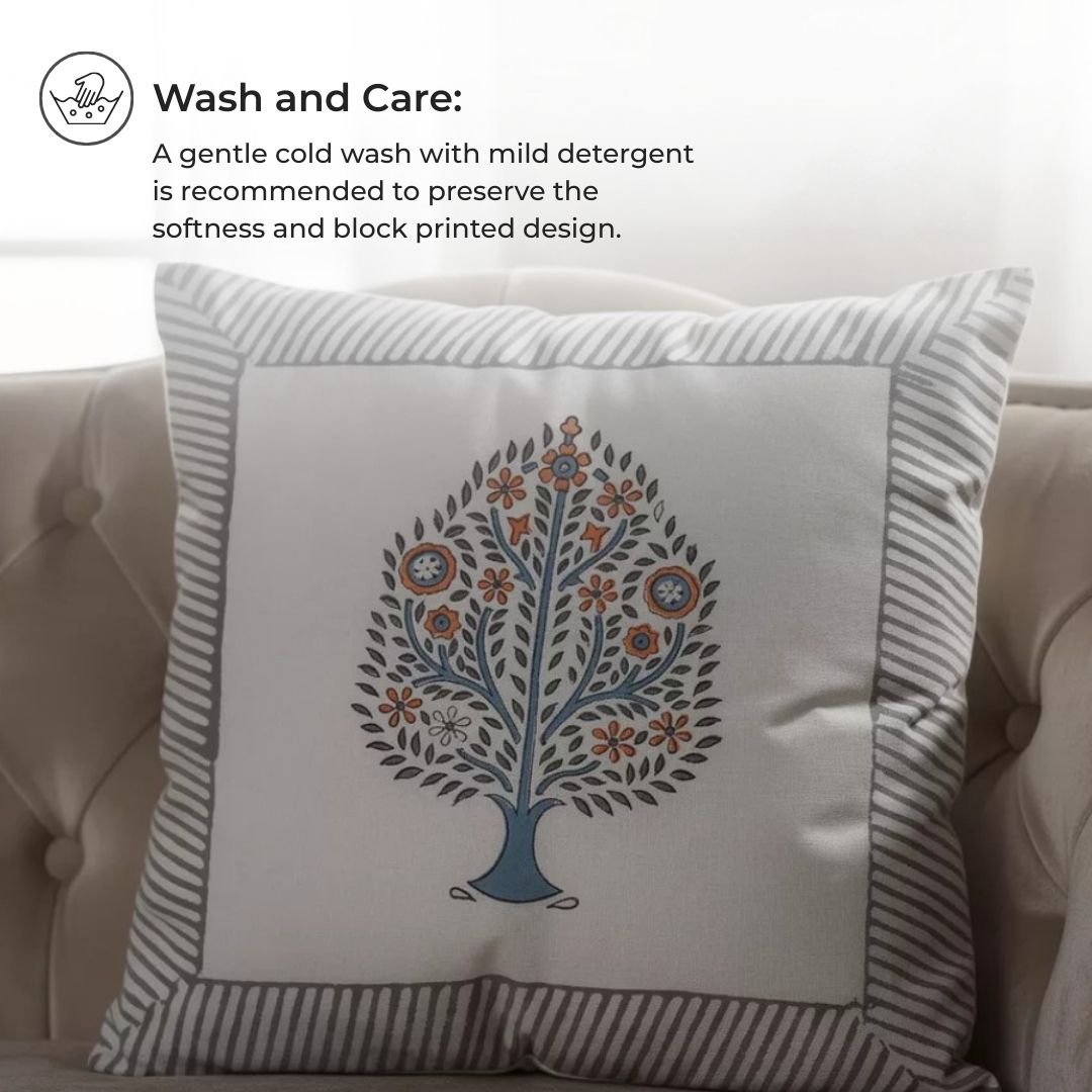 South Cotton Block Printed Cushion Covers with Central Floral Motif (Set of 2)