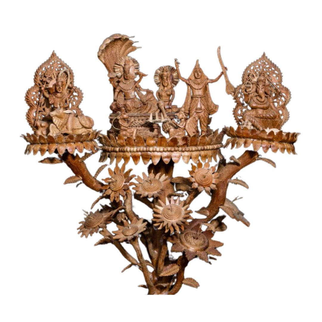 Pure Sandalwood Vishnu Darbar Ensemble with Detailed Temple Carving