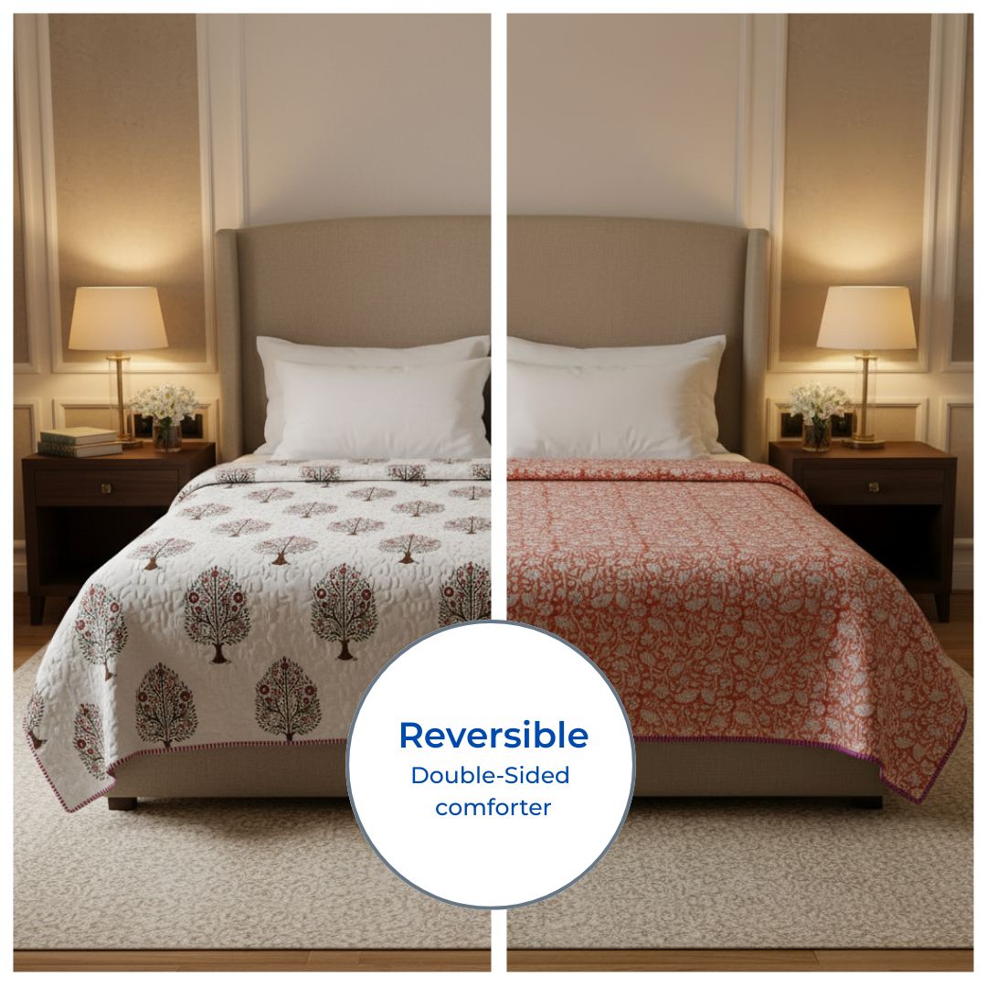 Double Double-Sided Block Printed Cotton Comforter in Grey Floral Pattern