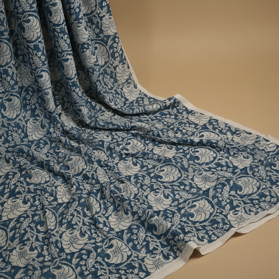 Single-Sided Hand Block Printed Mal Cotton Fabric – Blue Floral | Sold Per Meter