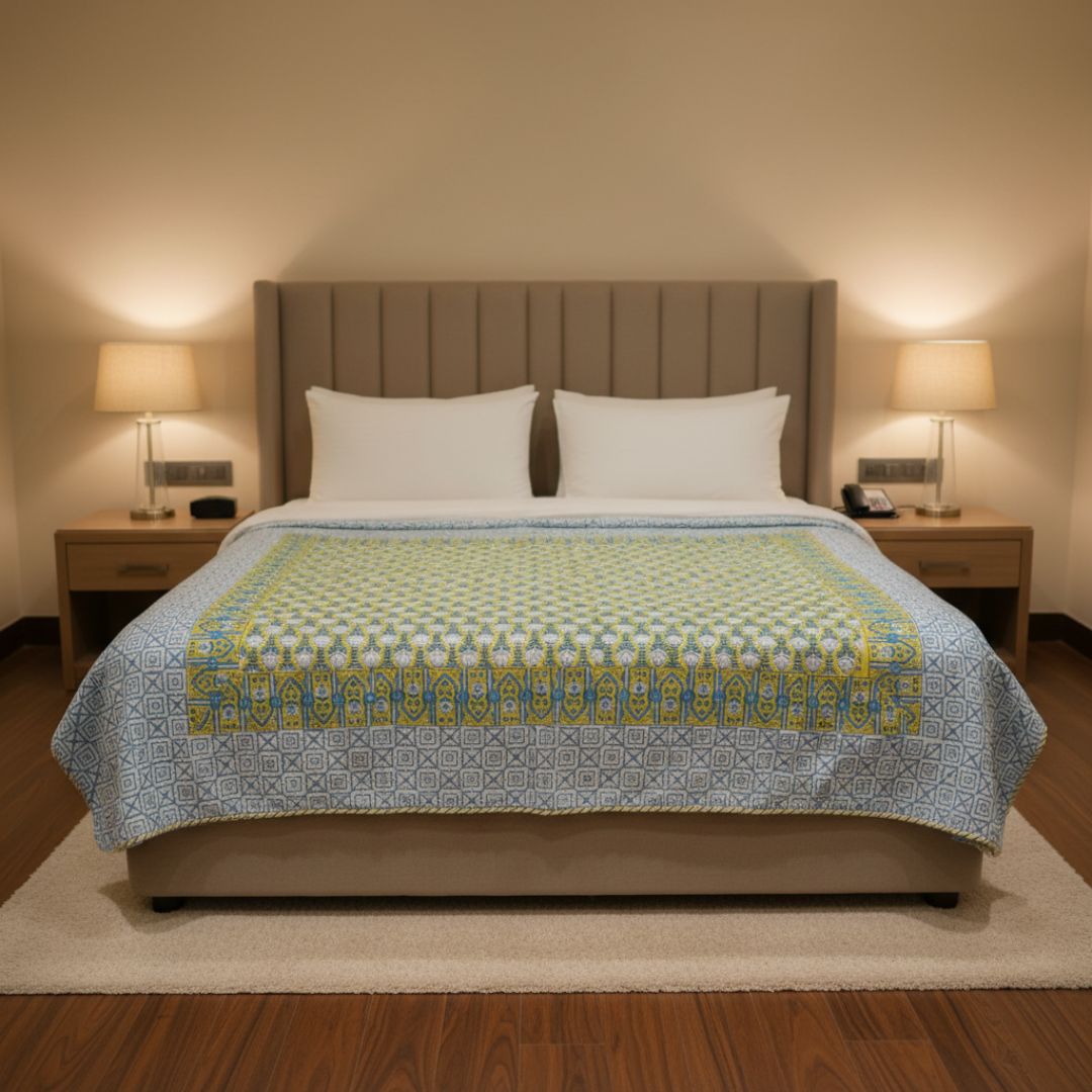 Single Double-Sided Block Printed AC Quilt in Blue Green Pattern