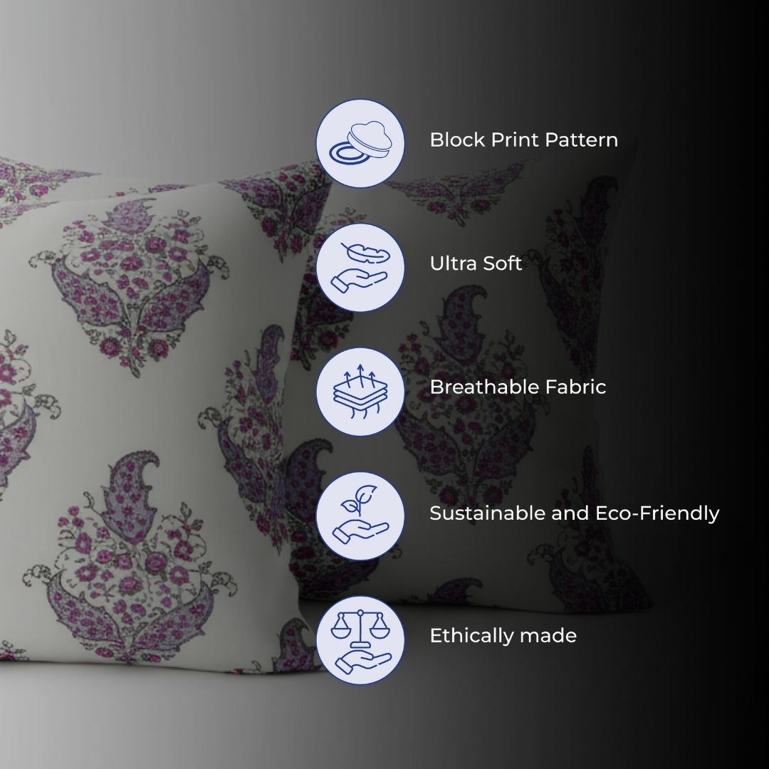 Single-Sided Block Printed Double Bedsheet in Grey Floral Motif