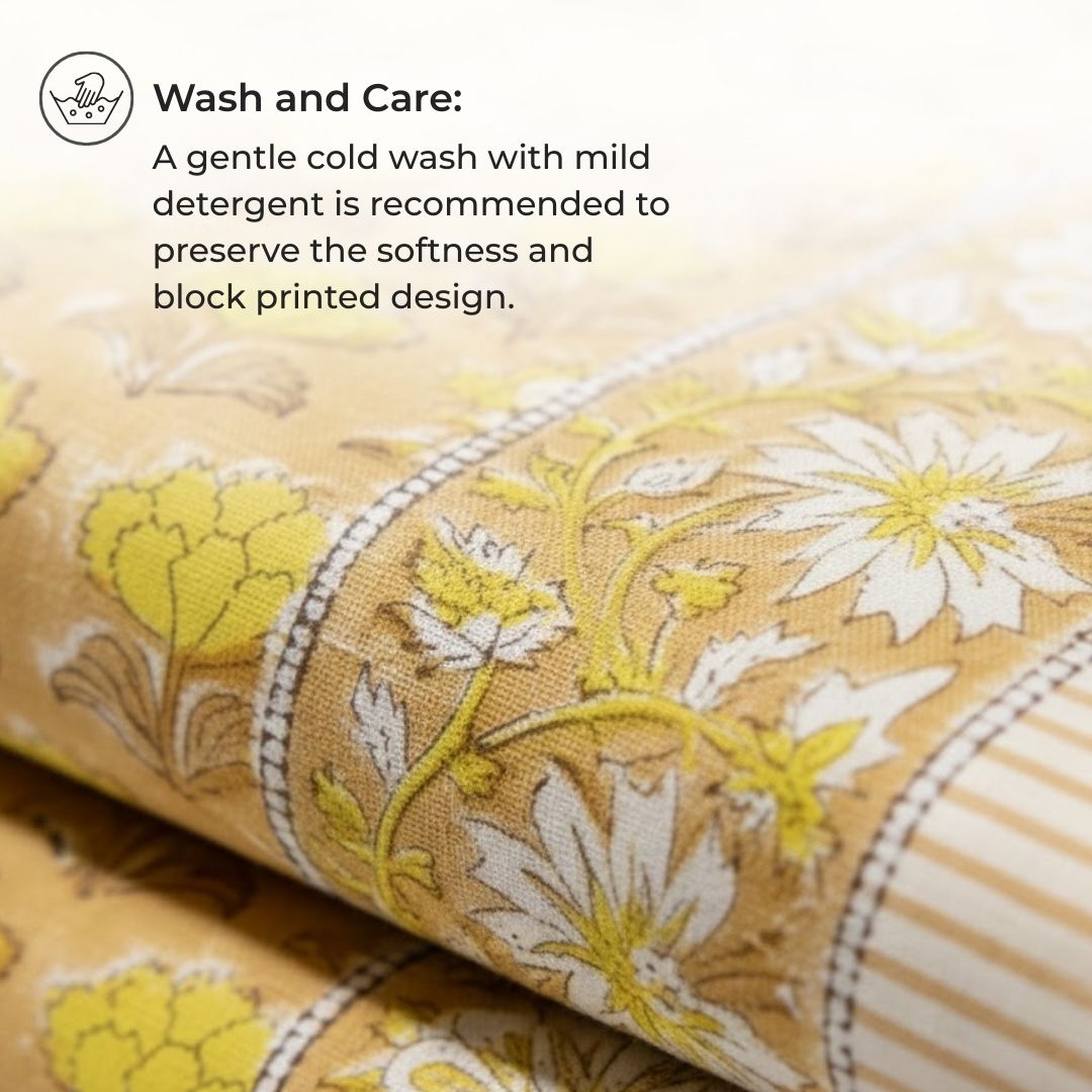 Single-Sided Block Printed Double Bedsheet in Yellow Floral Pattern
