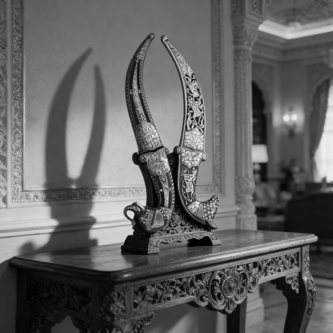 Handcrafted Calligraphy Koftgari Dagger Pair Decorative Art