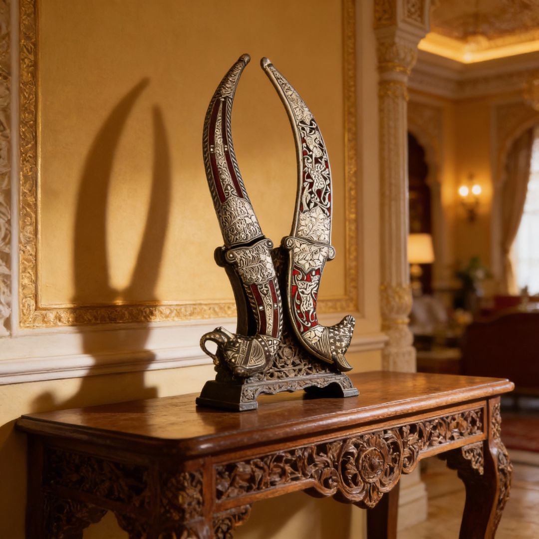 Handcrafted Calligraphy Koftgari Dagger Pair Decorative Art