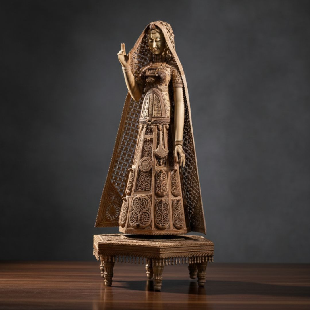 Pure Sandalwood Royal Lady Sculpture with Intricate Shrine Carving