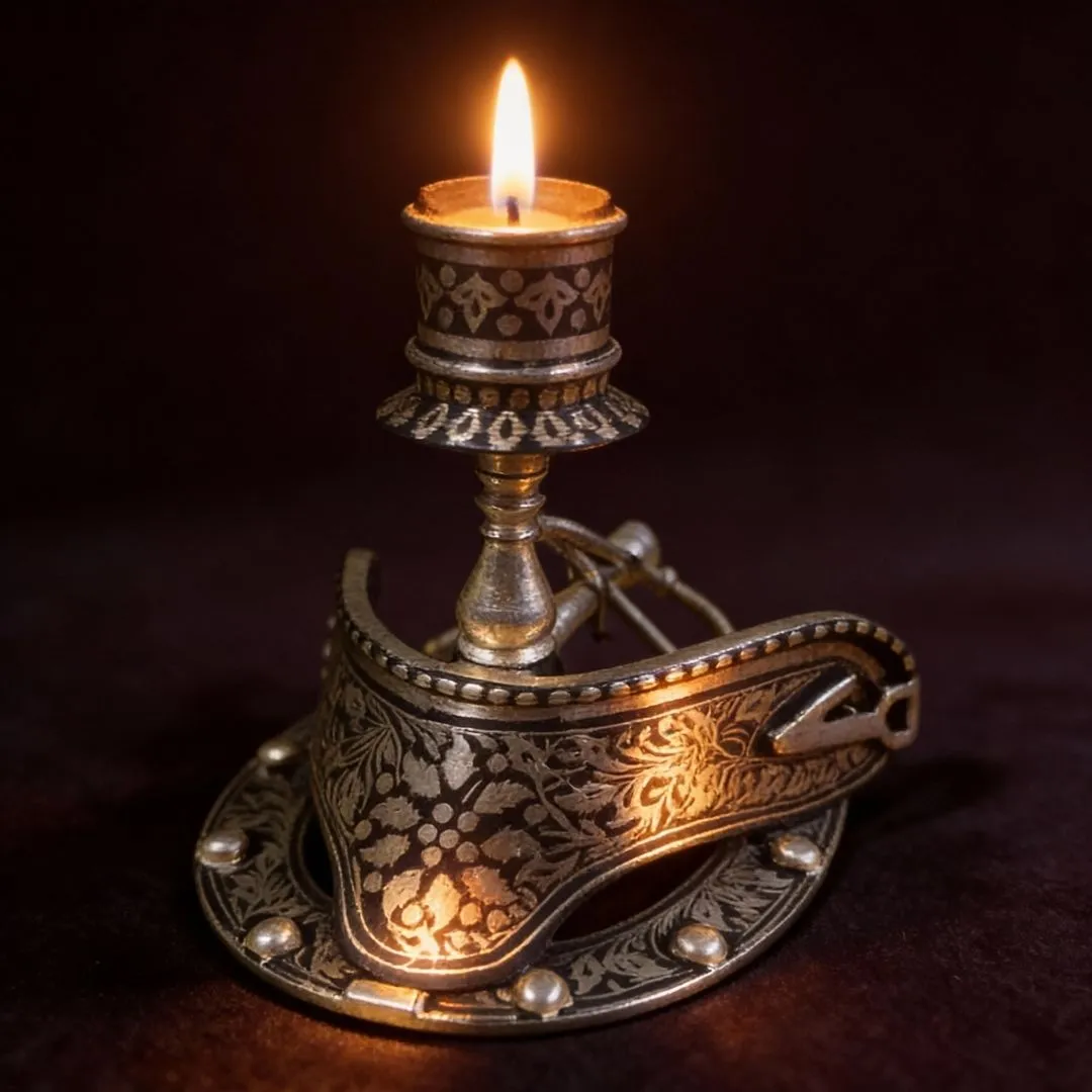 Good Luck Decorative Horseshoe with Candle Stand Koftgari Art