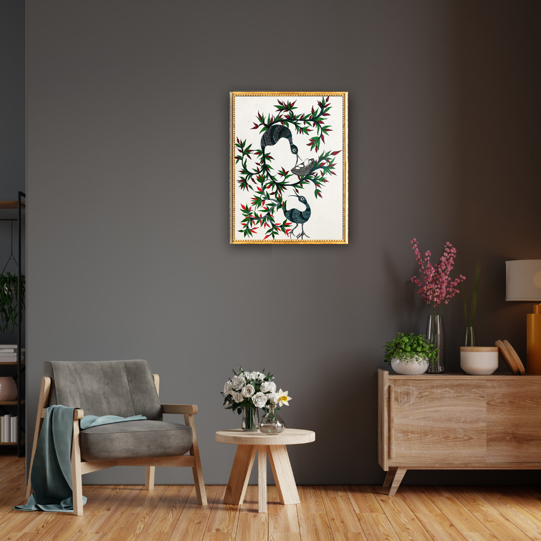 Whispers of the Forest: Gond Bird Handpainted Wall Art