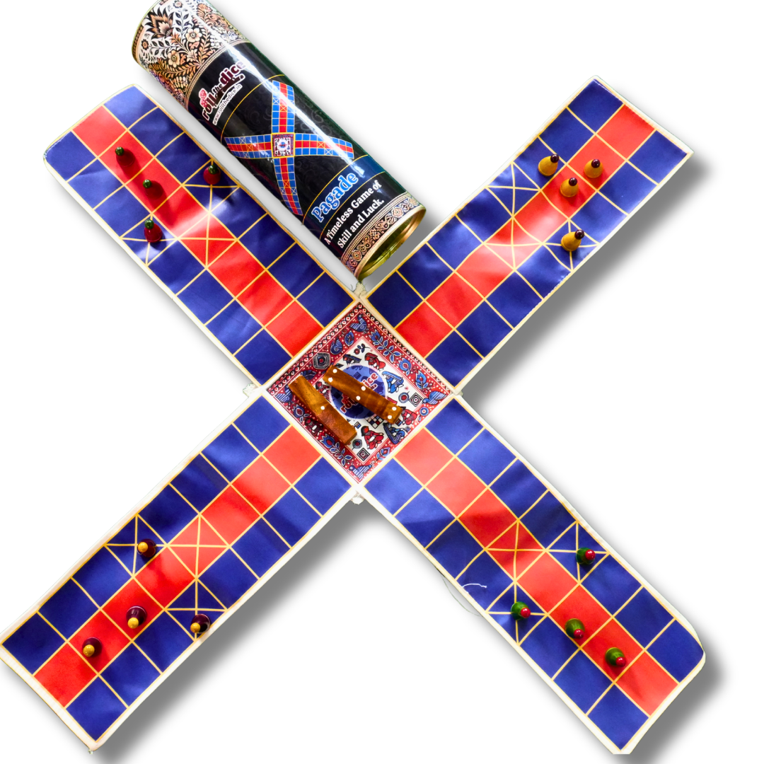 Pagade Board Game – Traditional Indian Pachisi (Parcheesi) Set in Blue & Red | Handmade Wooden Pieces | Includes How-to-Play Guide