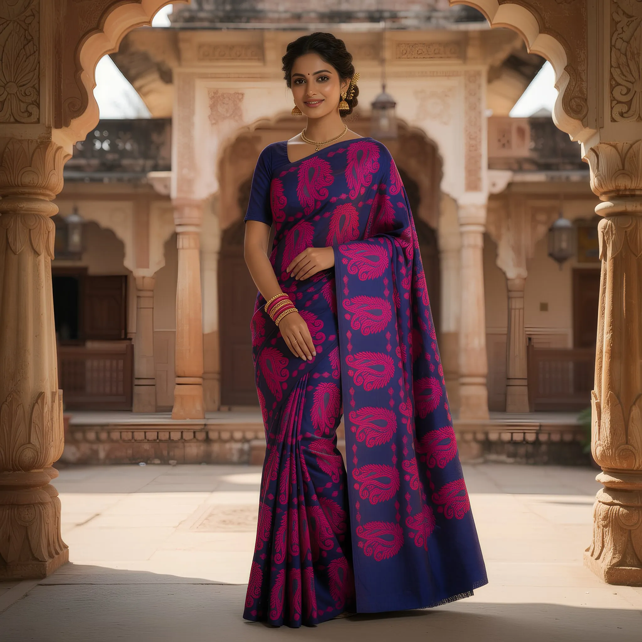 Dhaka Jamdani Cotton Silk Saree Blue Pink Printed