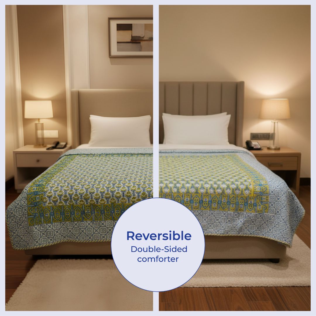 Single Double-Sided Block Printed AC Quilt in Blue Green Pattern