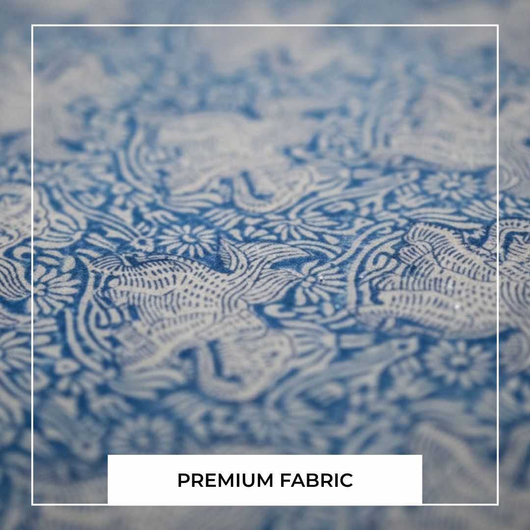 Single-Sided Block Printed Mal Cotton Fabric in Blue Floral Pattern