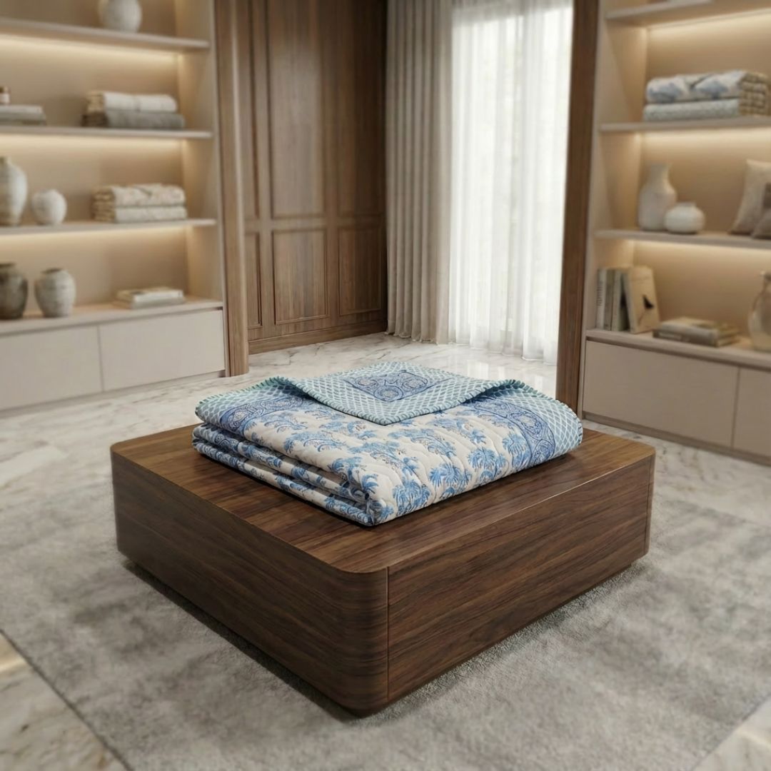 Single Double-Sided Block Printed Cotton Comforter in Blue Floral Pattern