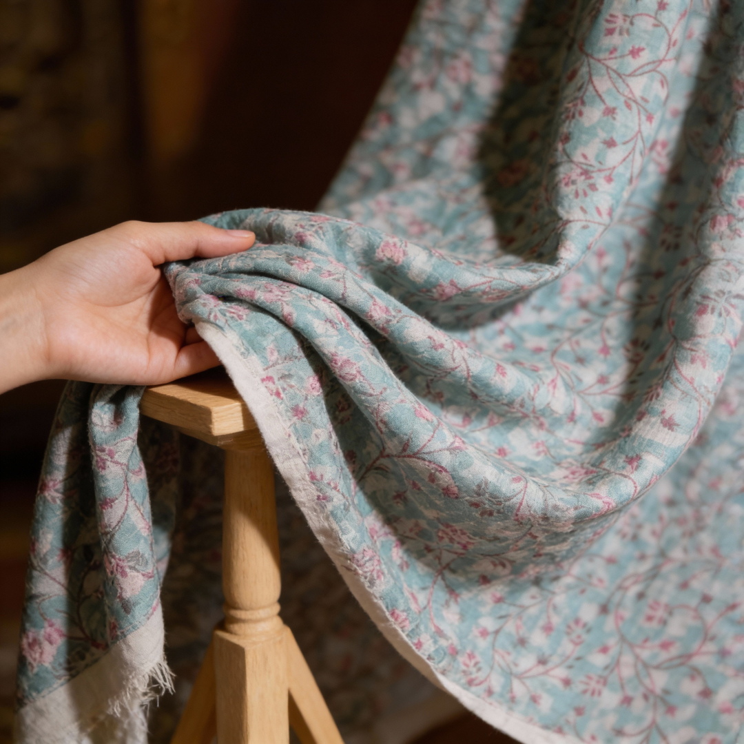 Single-Sided Hand Block Printed Mal Cotton Fabric – Soft Blue Geometric | Sold Per Meter