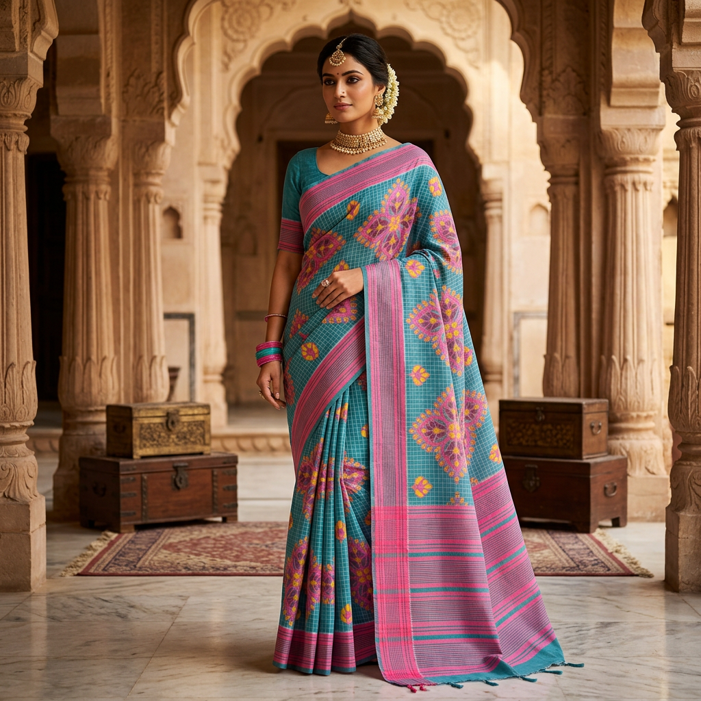 Cotton Silk Jamdani Saree Blue Floral