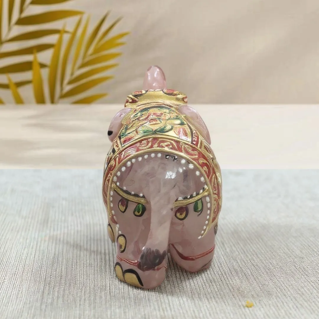 Handcrafted Rose Quartz Elephant Figurine with Traditional Painting
