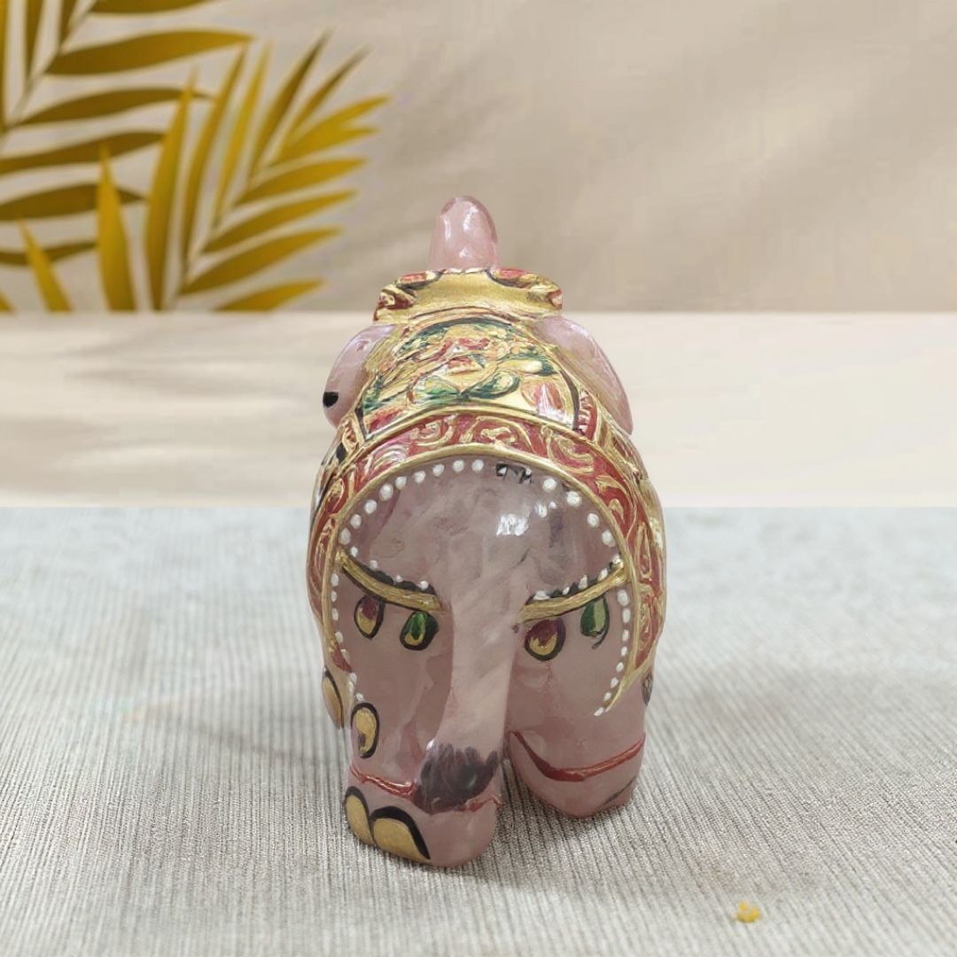 Handcrafted Rose Quartz Elephant Figurine with Traditional Painting