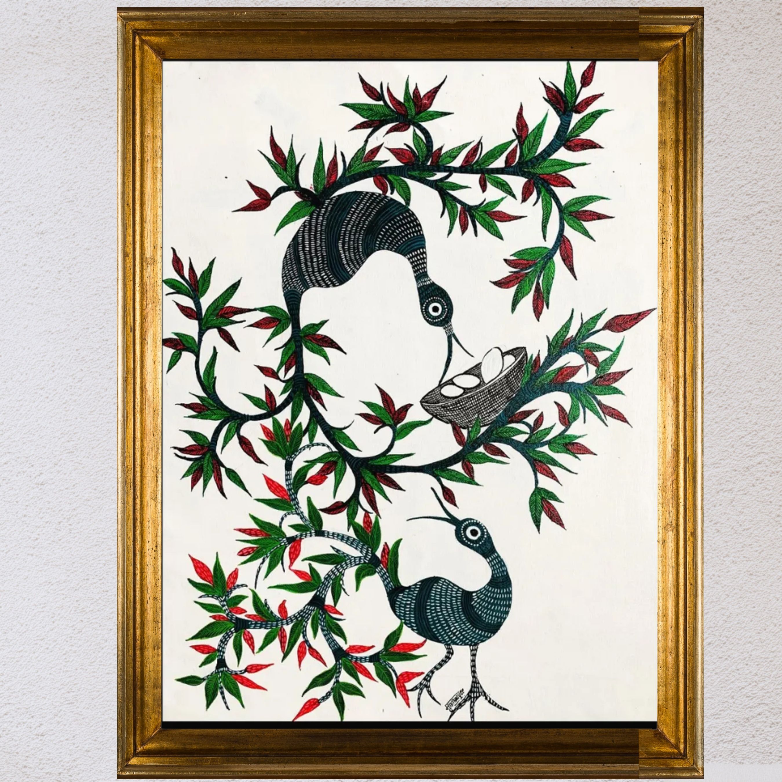 Whispers of the Forest: Gond Bird Handpainted Wall Art