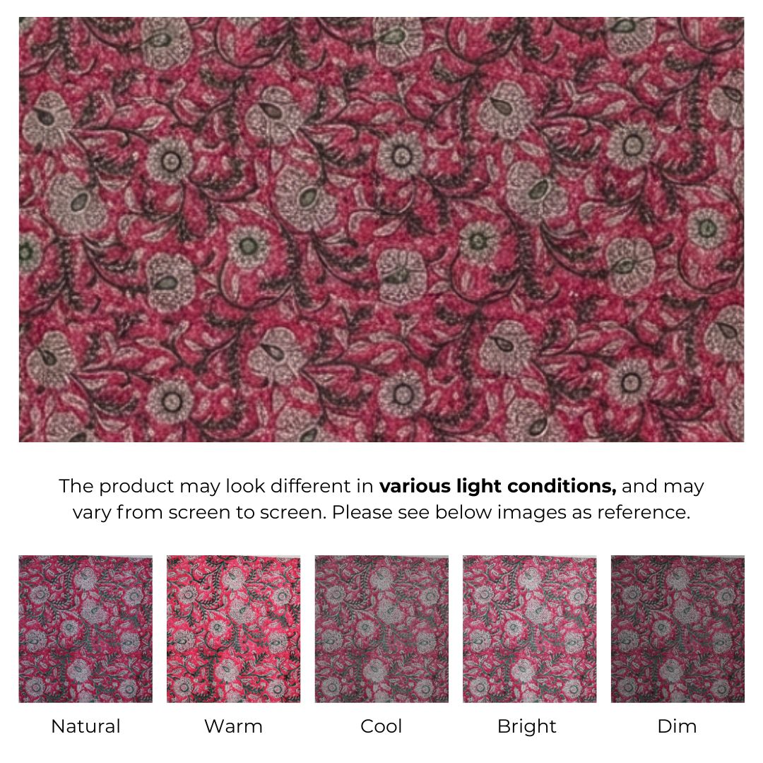 Single-Sided Block Printed Cotton Fabric in Red Floral Pattern