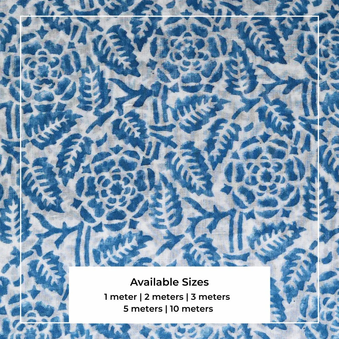 Single-Sided Hand Block Printed Mal Cotton Fabric – Indigo Floral | Sold Per Meter