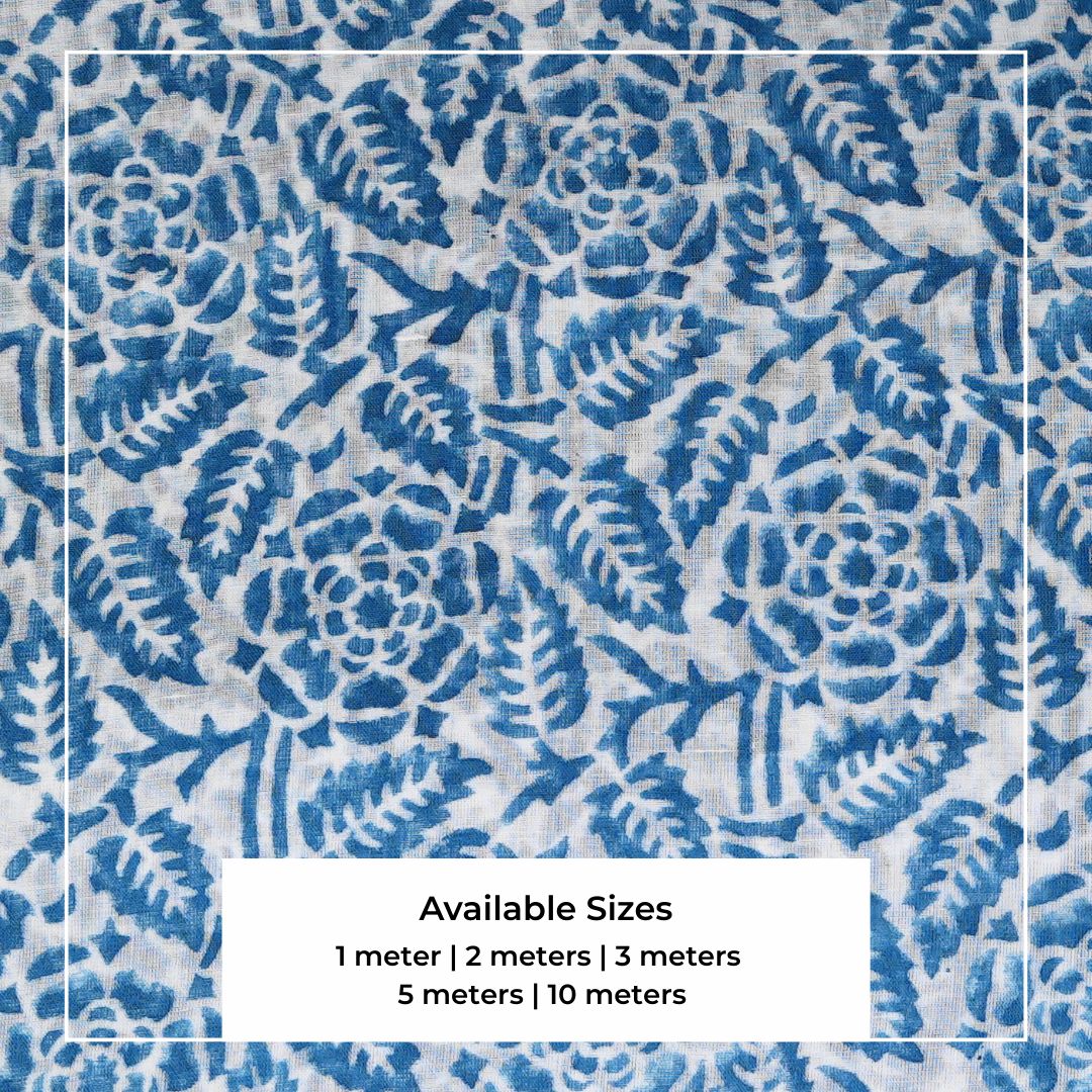 Single-Sided Block Printed Mal Cotton Fabric in Indigo Floral Pattern