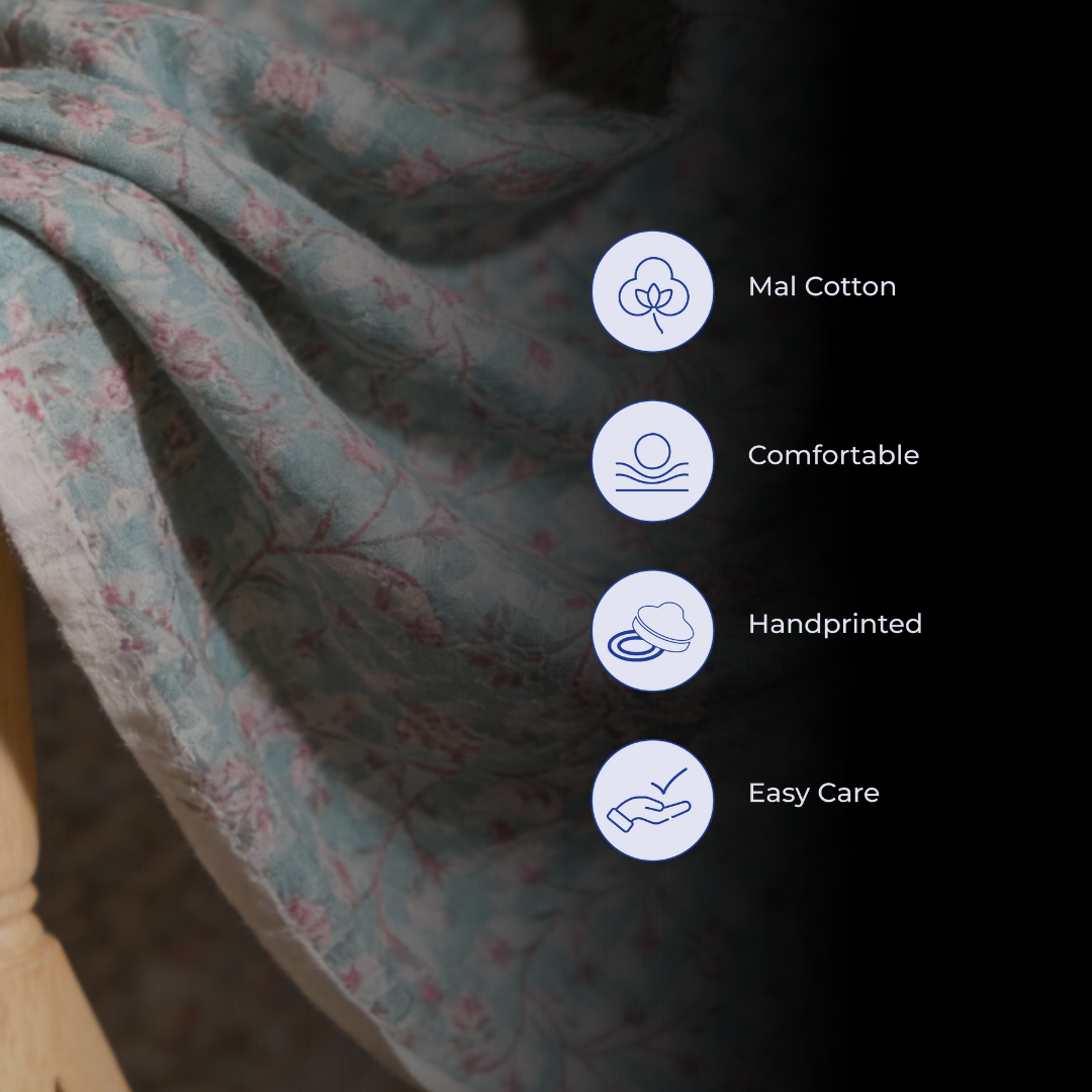 Single-Sided Hand Block Printed Mal Cotton Fabric – Soft Blue Geometric | Sold Per Meter