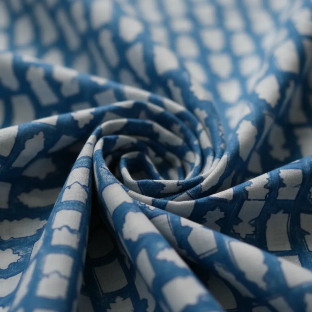 Single-Sided Hand Block Printed Mal Cotton Fabric – Blue Geometric | Sold Per Meter