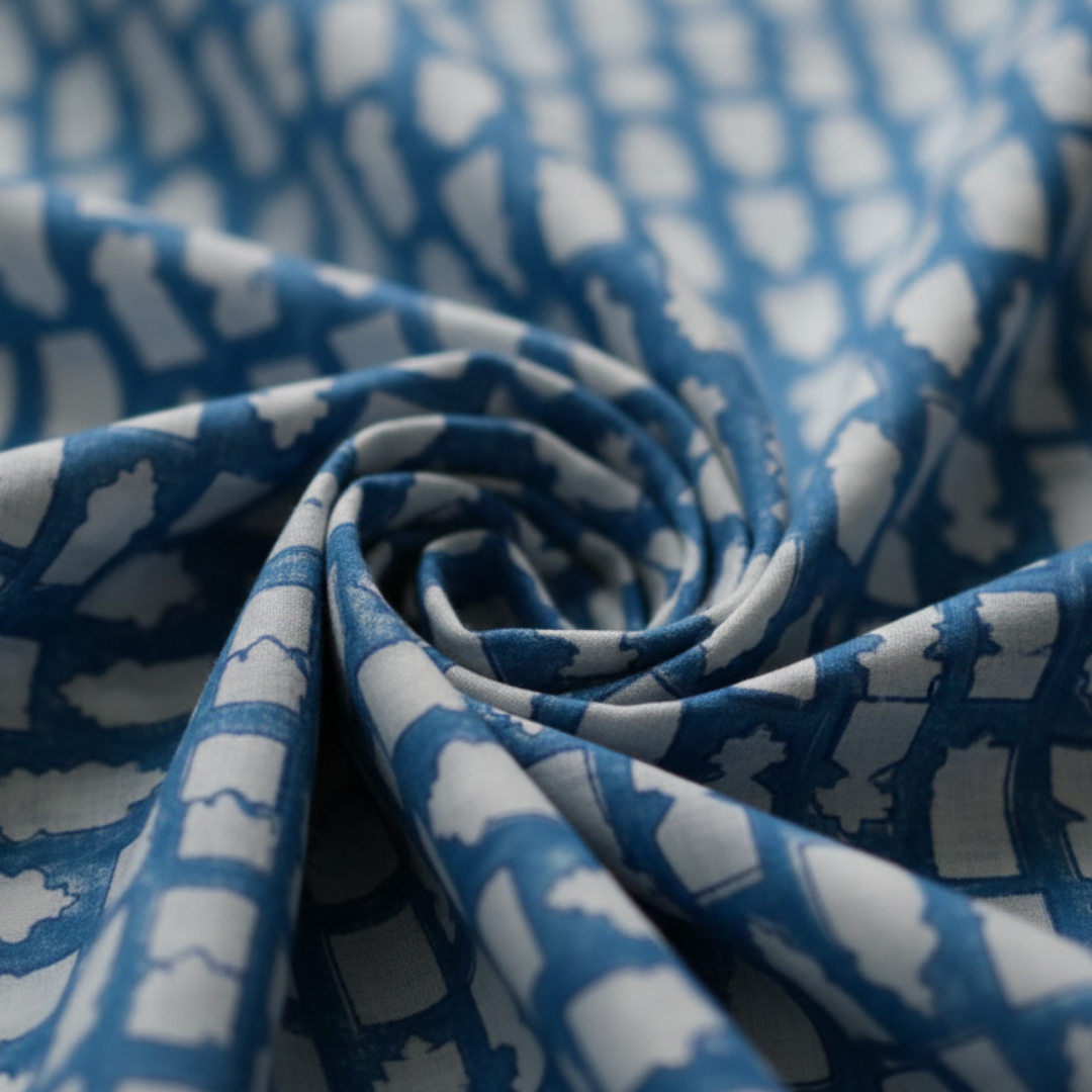 Single-Sided Block Printed Mal Cotton Fabric in Blue Geometric Pattern