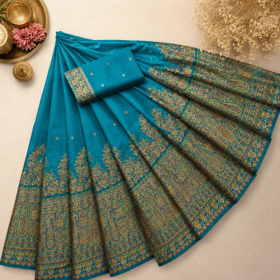 Festive Kashmiri Handwoven Peacock Blue Pashmina Silk Saree with Blouse Piece
