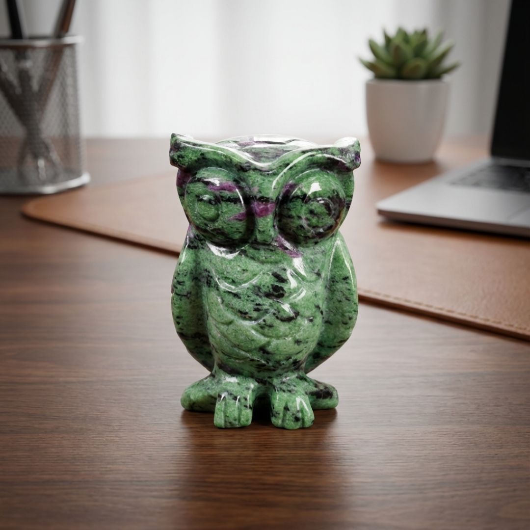 Handcrafted Zoisite Owl Sculpture in Natural Stone