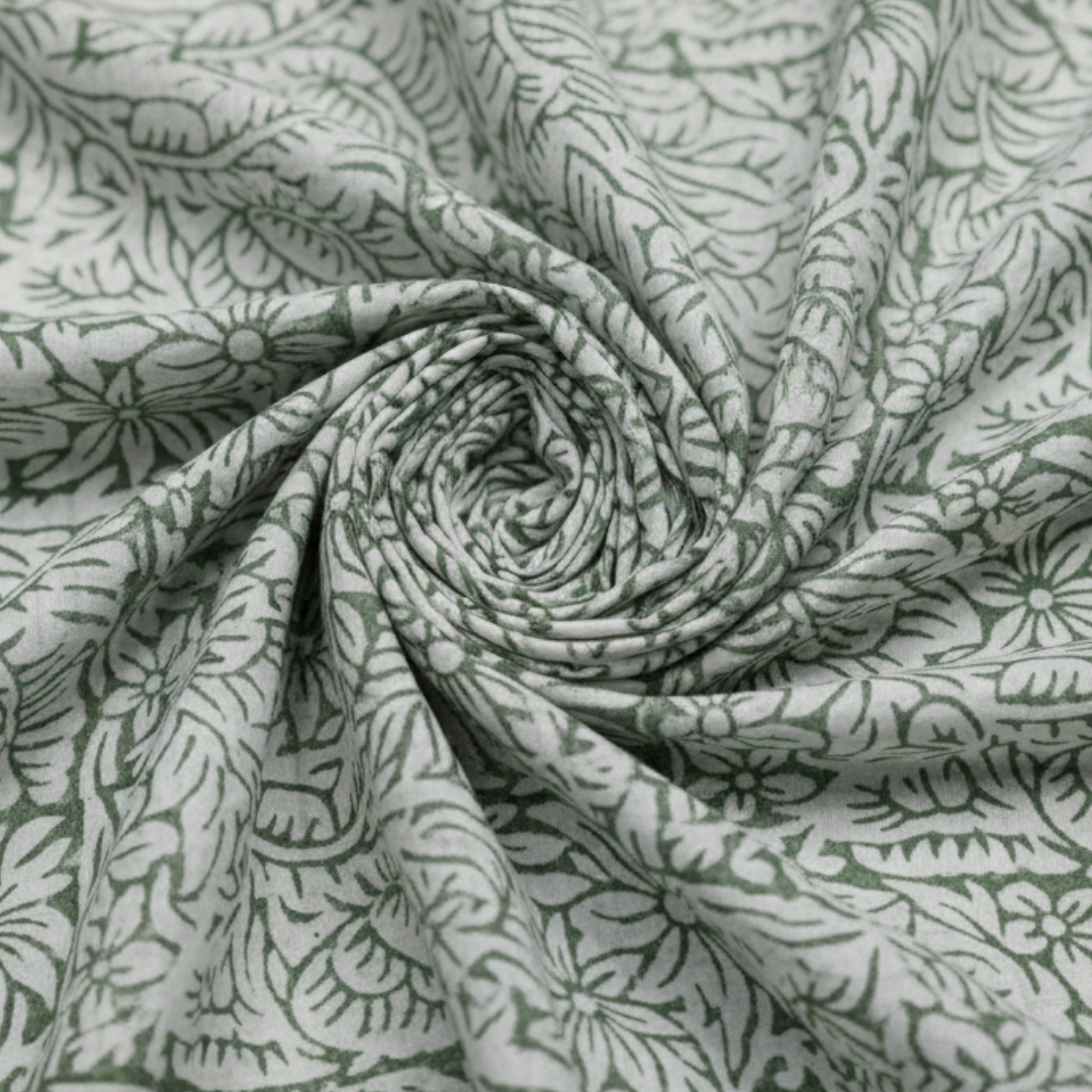 Single-Sided Block Printed Mal Cotton Fabric in Green Botanical Pattern