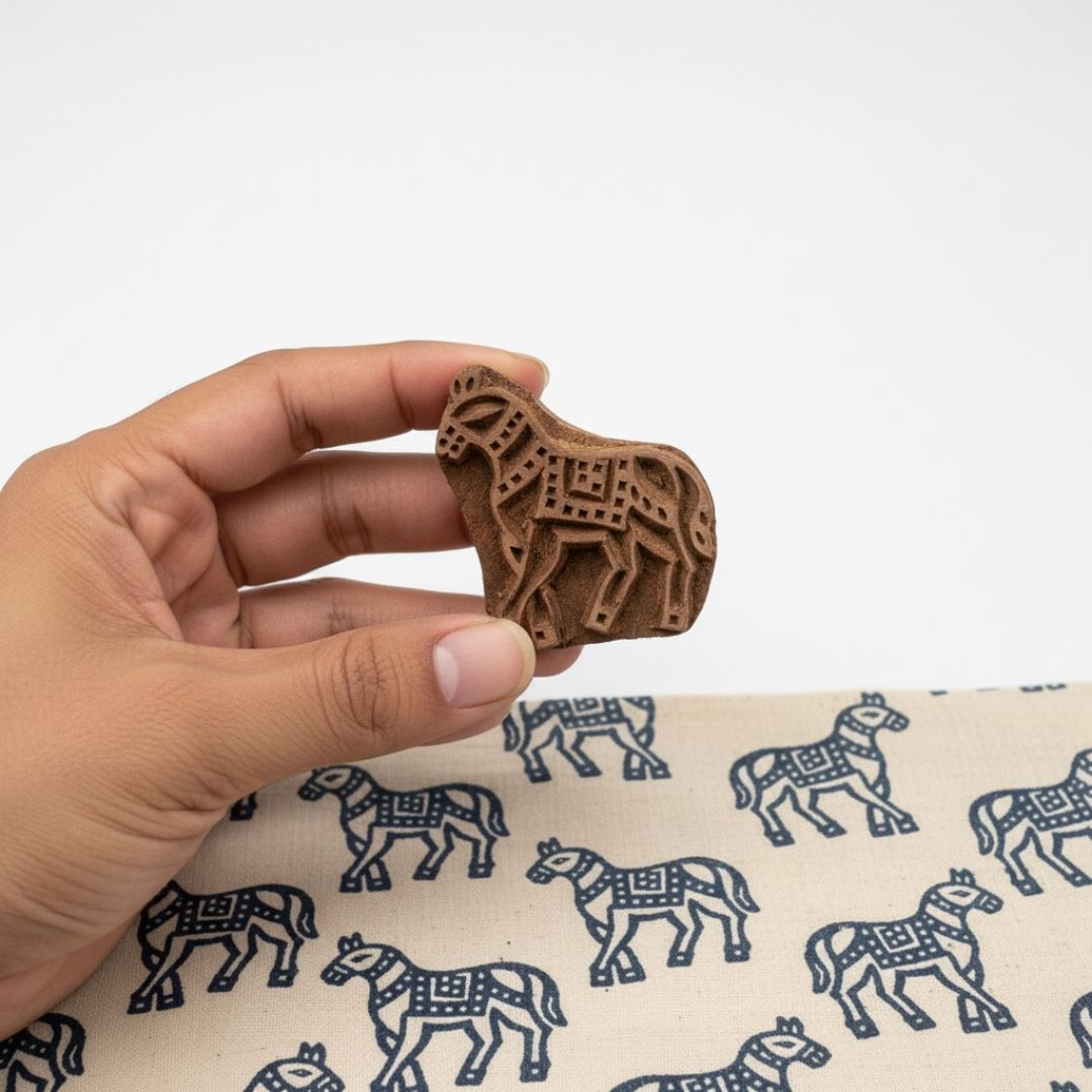 Mini Hand-Carved Roheda Wood Printing Block with Horse Motif