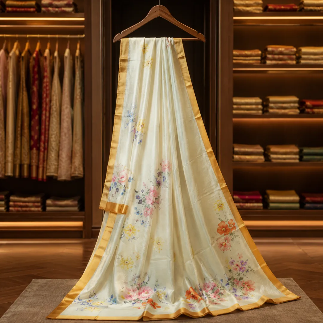 Handcrafted Cream Modal Silk Saree with Multicolor Floral Prints, Gold-Peach Borders & Blouse Piece
