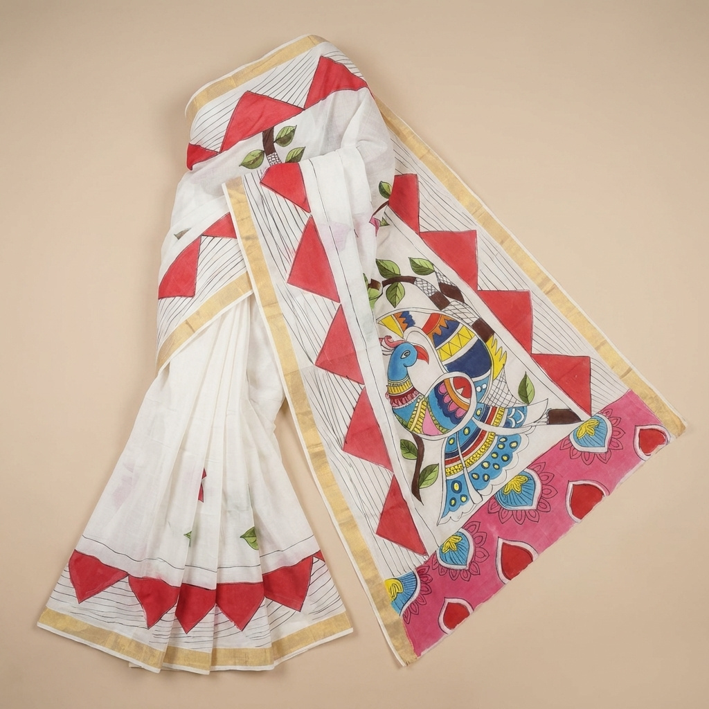 Kerala Cotton Hand-Painted White Saree with Multicolor Motifs & Golden Border | Includes Blouse Piece