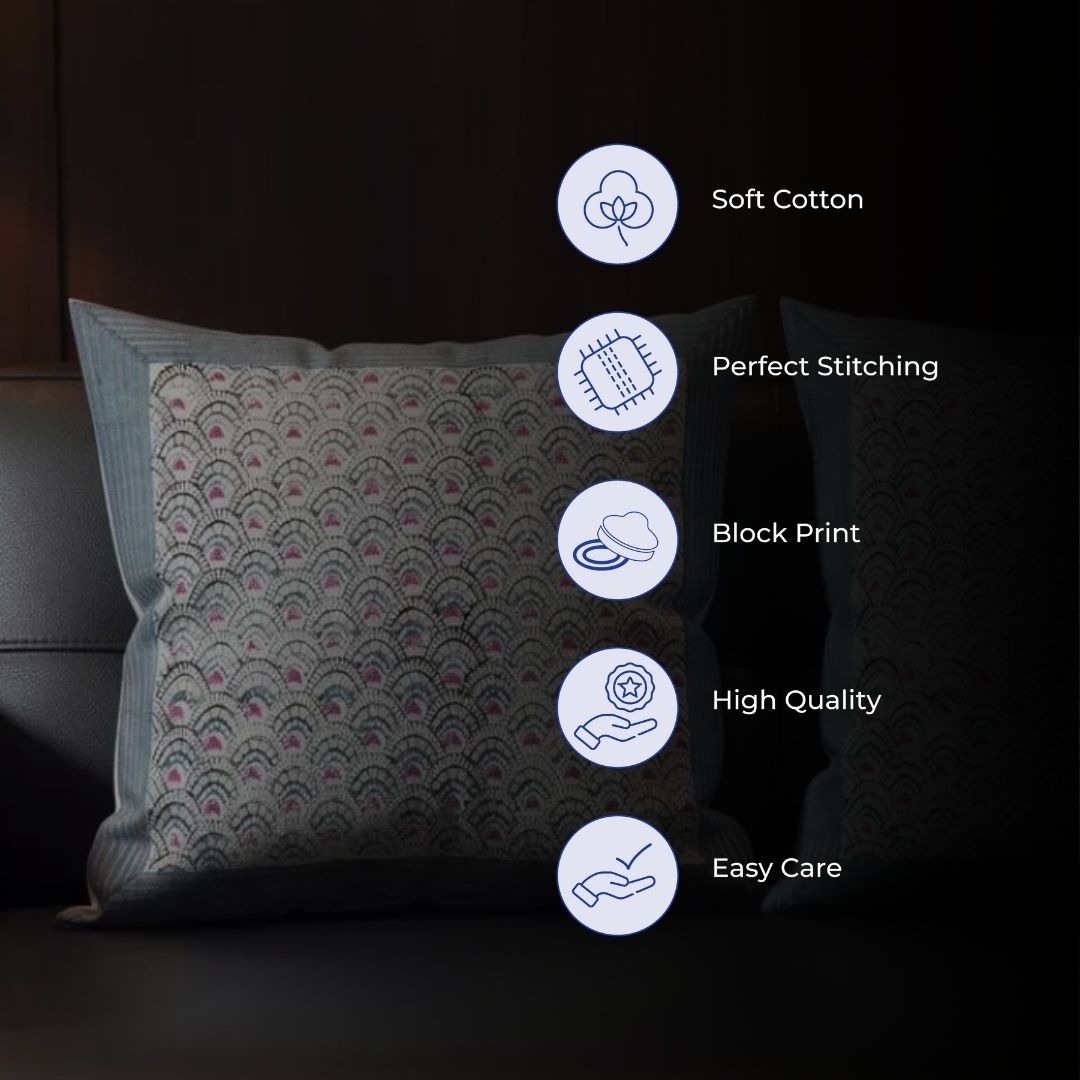 South Cotton Block Printed Cushion Covers with Blue Border Panel (Set of 2)