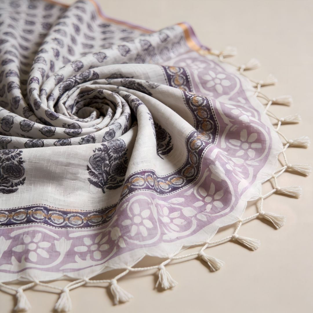 Hand Block Printed Kota Doriya Dupatta in Soft Grey Blue Motif 