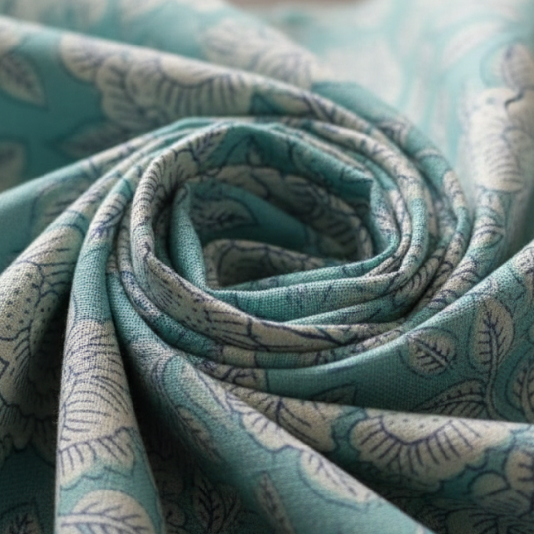Single-Sided Block Printed Mal Cotton Fabric in Soft Blue Floral Pattern